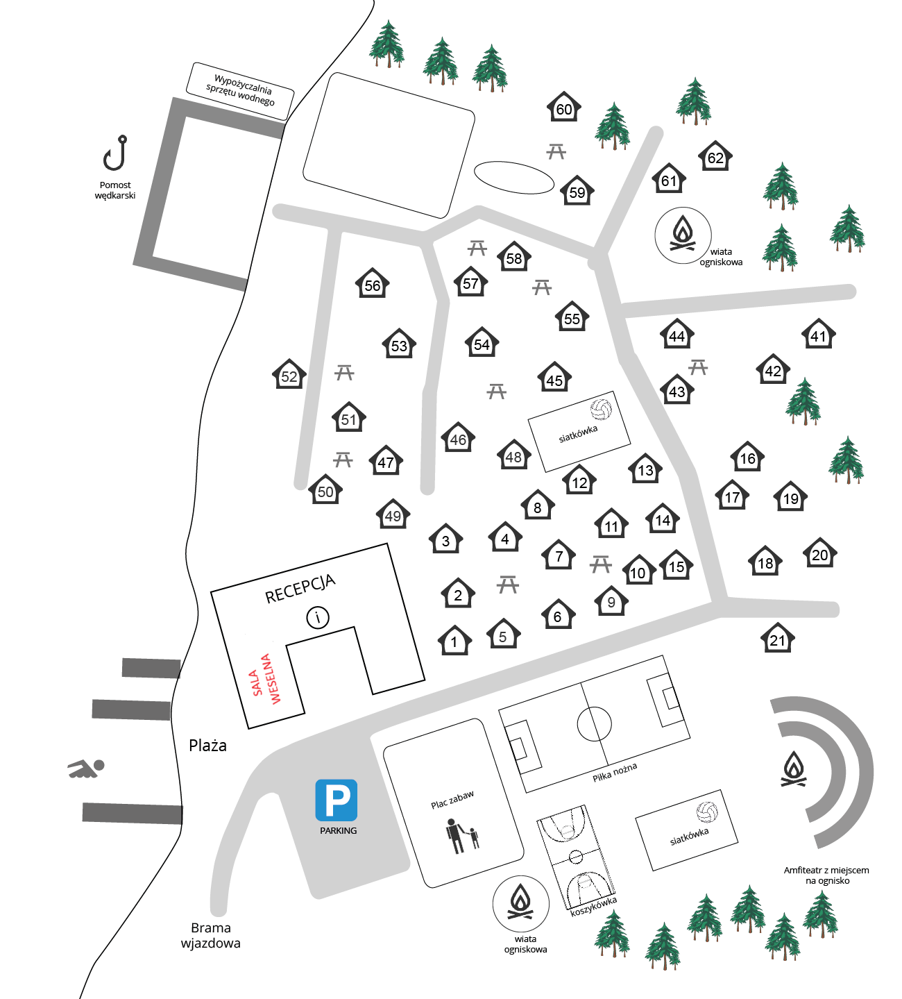 Mapa ośrodka Hartek z rozmieszczeniem domków